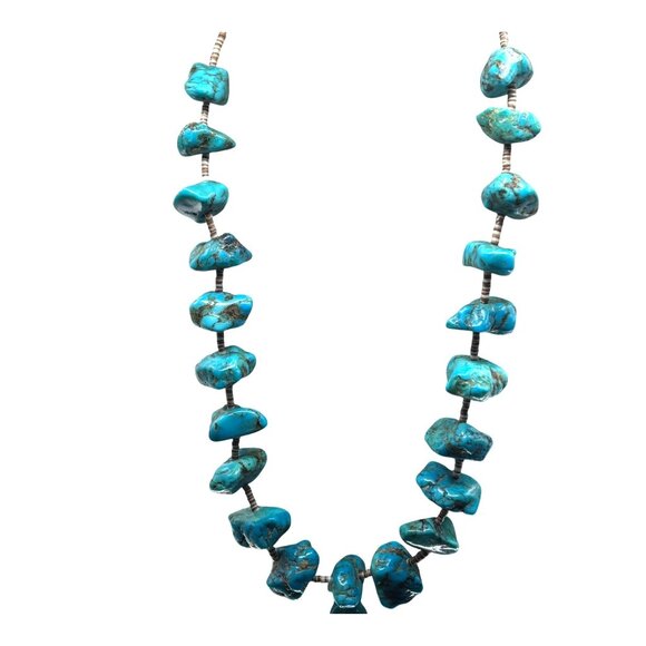 Genuine Turquoise Nugget Necklace 27” Heishi Shells Boho Tribal 4.3 Oz Southwest - Picture 1 of 10